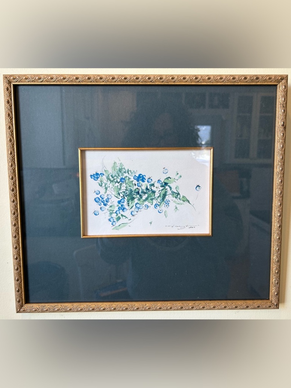 Vintage Watercolor Signed Framed Blueberries Bush Artwork Gold Frame12x15